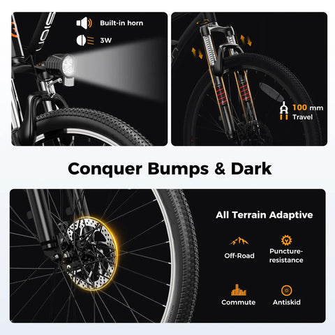 Powerful 1000W Peak Motor Electric Bike for Adults with suspension fork, front light, and disc brake, all-terrain tires