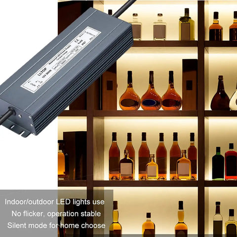 Heavy Duty 300W IP67 Waterproof LED Power Supply, 90-130V AC To 12V DC, 25A Output shown with indoor lighting setup