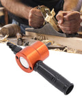 360 Degree Dual Head Sheet Metal Cutter Drill Bit Attachment For Precise Cutting And Drilling Metal Pipes And Panels Adjustable Angle Tool with orange body and black handle.