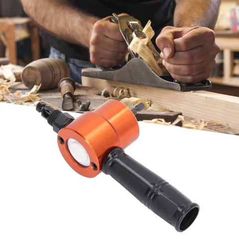 360 Degree Dual Head Sheet Metal Cutter Drill Bit Attachment For Precise Cutting And Drilling Metal Pipes And Panels Adjustable Angle Tool with orange body and black handle.