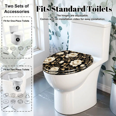 Elongated Peonies roses Floral vintage seamless Gold white Toilet Seat on a modern toilet with adjustable hinges.