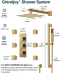 GRANDJOY 12" Shower System with Handheld Spray, Brushed Gold dimensions and features diagram for bathroom installation.