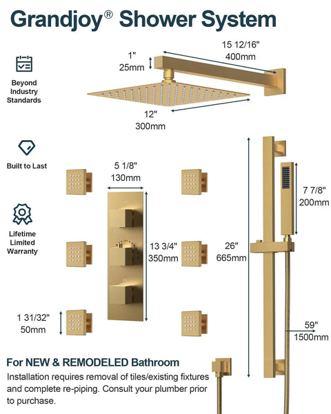 GRANDJOY 12" Shower System with Handheld Spray, Brushed Gold dimensions and features diagram for bathroom installation.