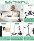 Installation steps for Go To Floor Standing Magnifier With Light And Stand, 12X Large Illuminated Magnifier, shown in four panels