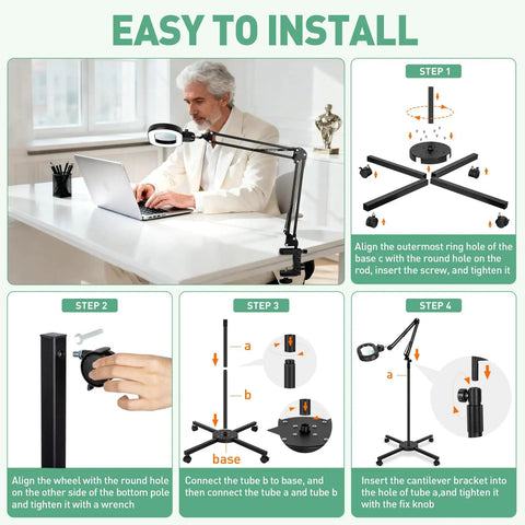 Installation steps for Go To Floor Standing Magnifier With Light And Stand, 12X Large Illuminated Magnifier, shown in four panels