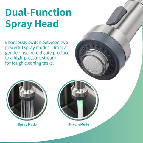 Dual-function spray head of Single Hole Stainless Steel Kitchen Faucet With Pull Down Sprayer And LED Temperature Indicator