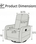 360 Degree Swivel Glider Rocker Recliner Chair dimensions illustration with side pull handle, beige fabric