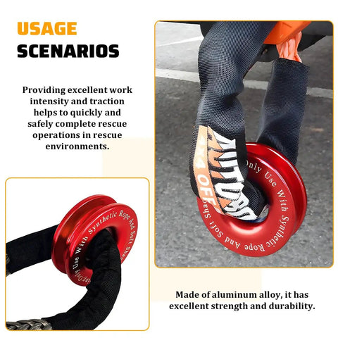Heavy Duty Aluminum Winch Snatch Block Recovery Ring for ATV UTV SUV Trucks, Universal Towing Ring and Pulley System Accessory, Durable Aluminum Alloy, Built Tough for Real Off Road Recoveries, Red, 3.8 in ring with rope