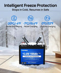 12V LiFePO4 Battery For Trolling Motors With Bluetooth And Low Temp Cutoff in snowy environment showcasing freeze protection