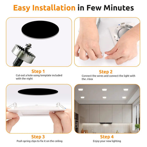 Step-by-step installation guide for HONZIN 6 Pack 6 Inch Square LED Recessed Lighting, 5CCT, 13W, Dimmable.