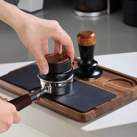 Heavy Duty Wooden Espresso Tamper Station Holder Fits 51mm To 58mm Portafilters, using grippy non-slip base with a coffee tamper.