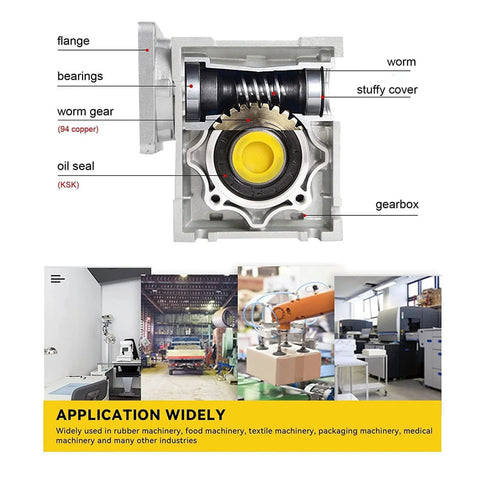 Detailed view of NMRV040 30:1 worm gearbox for NEMA34 motors with labeled components showcasing its industrial applications.
