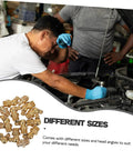 Mechanic using Brass Grease Fitting Kit one set with straight and angled zerk nozzles near car engine, fittings displayed below
