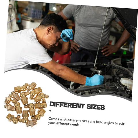 Mechanic using Brass Grease Fitting Kit one set with straight and angled zerk nozzles near car engine, fittings displayed below
