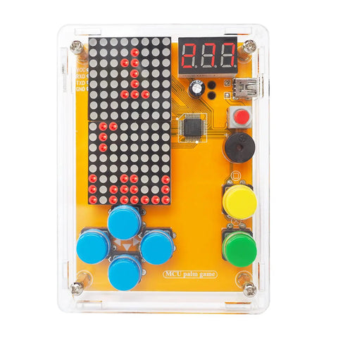 Front view of Hands On Solder Kit With Five Retro Game Classics For Electronics Practice And Learning Handheld Size In Clear Acrylic Case Easy To Build And Play Great Gift For Family And Friends, showing circuit and buttons in clear case.