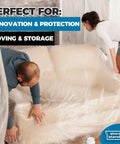 Heavy Duty Plastic Couch Cover For Moving And Storage Waterproof Clear Sofa Wrap For Renovation Dustproof Reusable Extra Large Furniture Bag 96 X 42 X 62 Inches Keeps Your Sofa Safe While You Move being placed on sofa by two people