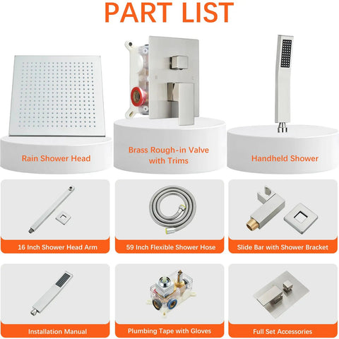 Brushed Nickel Shower System With 12 Inch LED Rainfall Shower Head, Brass Handheld Combo, Bathroom Rain Mixer parts list display