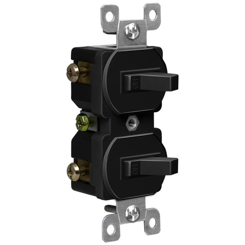 Duplex Double Toggle Light Switch For Home Use, Single Pole, Side Wiring, Copper Wire Only, Grounding Screw, 15A 120V, UL Listed