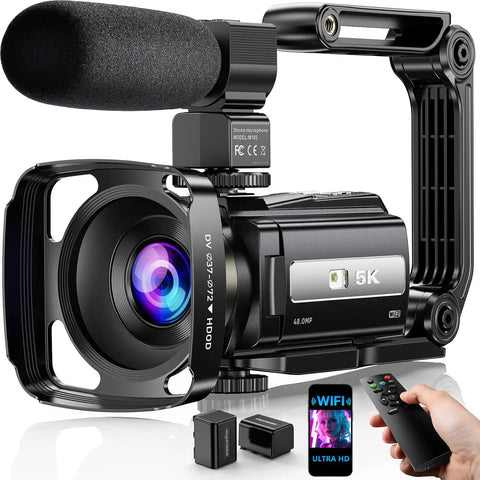 5K UHD Video Camcorder With 48MP Photos, WiFi Vlogging Camera featuring IR Night Vision, Anti Shake, and Handheld Stabilizer