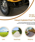 No Sweat Electric Mobility Scooter For Adults And Seniors With 28 Mile Range And 12 Mph Top Speed Hella Tough Frame For Beach Cruises Or Farm Adventures Ready To Roll Includes Quick Charger In Vivid Red tire close-up showing 14" vacuum explosion-proof tire designed for various road surfaces.