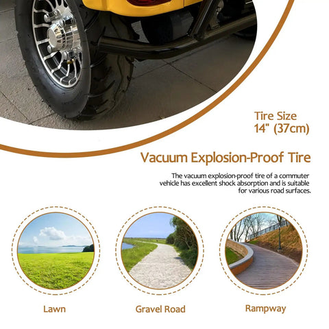 No Sweat Electric Mobility Scooter For Adults And Seniors With 28 Mile Range And 12 Mph Top Speed Hella Tough Frame For Beach Cruises Or Farm Adventures Ready To Roll Includes Quick Charger In Vivid Red tire close-up showing 14" vacuum explosion-proof tire designed for various road surfaces.