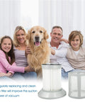 Family with dog next to Two Pack Replacement Filters For Zing Canister Vacuum Cleaners 2156A 1665 16652 1665W
