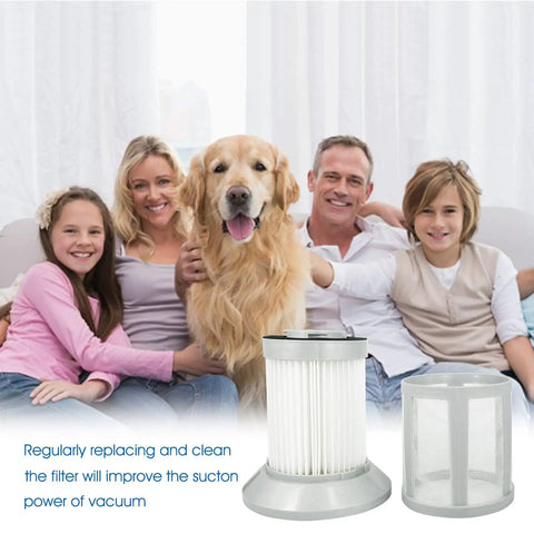Family with dog next to Two Pack Replacement Filters For Zing Canister Vacuum Cleaners 2156A 1665 16652 1665W
