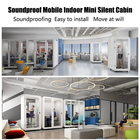 Mobile Soundproof Office Pod Booth With Smooth Rolling Wheels And Auto Swing Door in modern office setting with multiple units.