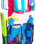 Big Pool Gear Organizer With Towel Bars And Mesh Rolling Bin, Extra Large Outdoor Pool Storage With Towel Hanger, Weatherproof PVC And Durable Mesh, Blue And White Style, filled with pool toys and towels, portable design.