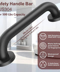 Tough As Nails Wall Mount Grab Bars 12 Inch 2 Pack In Matte Black 304 Stainless Steel Supports Up To 500 Lbs showing the 12-inch grab bar in a bathroom setting.