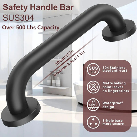 Tough As Nails Wall Mount Grab Bars 12 Inch 2 Pack In Matte Black 304 Stainless Steel Supports Up To 500 Lbs showing the 12-inch grab bar in a bathroom setting.