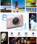 Fire Pink Wifi Digital Camera For Kids Featuring Switchable Dual Lenses And Crisp 4K Capture Point And Shoot Option With Sixteen X Zoom Anti Shake Tech Super Portable Compact Design Prime Gift For Cool Teens showcasing 8 scene modes and 4 photo modes.