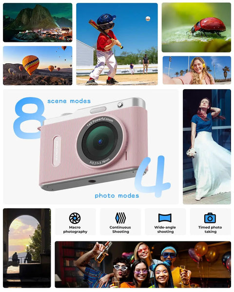 Fire Pink Wifi Digital Camera For Kids Featuring Switchable Dual Lenses And Crisp 4K Capture Point And Shoot Option With Sixteen X Zoom Anti Shake Tech Super Portable Compact Design Prime Gift For Cool Teens showcasing 8 scene modes and 4 photo modes.