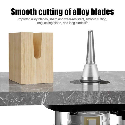 Cool Pro Carbide Router Bit With Tapered Ball Nose For Woodworking pros, 1/2 Inch Shank on a marble surface next to a wooden block.