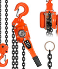 Front view of orange manual lever chain hoist with black chain, 6-ton capacity and lifting hooks