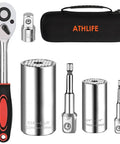 Universal Socket Wrench Set With Three Eighths Inch Ratchet And Drill Adapter Chrome Vanadium Steel Repair Tool Kit For Auto And DIY Adjustable Sockets From Eleven To Thirty Two Millimeters And Seven To Nineteen Millimeters with carrying case