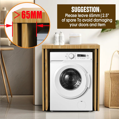 16 Inch Pocket Door Hardware Slides Heavy Duty Sliding Door Kit With Pivot Hinge for Cabinet and Wardrobe installed around a washing machine in a cabinet showcase.