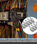 Installed 10 Pack FBI-10-6 Fixed Bridge Jumpers for Din Rail Terminal Blocks in control panel with close-up view
