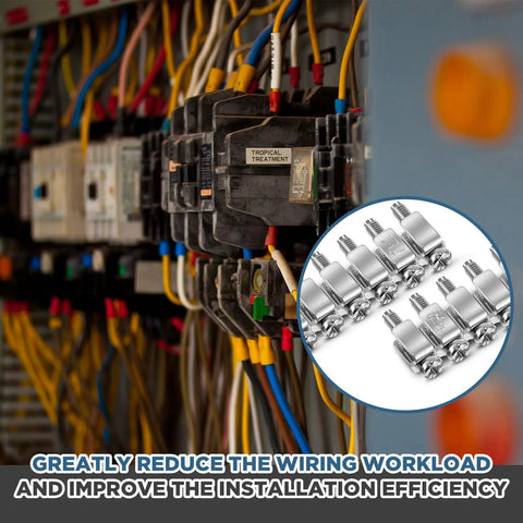 Installed 10 Pack FBI-10-6 Fixed Bridge Jumpers for Din Rail Terminal Blocks in control panel with close-up view