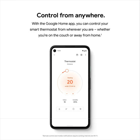 Mobile app interface showing Nest Thermostat Smart Home Thermostat With WiFi Programmable Scheduling And Remote Control For Easy Home Comfort Energy Star Certified Snow Finish Renewed Condition Quick 30 Minute Install Works With Your Heating And Cooling System.