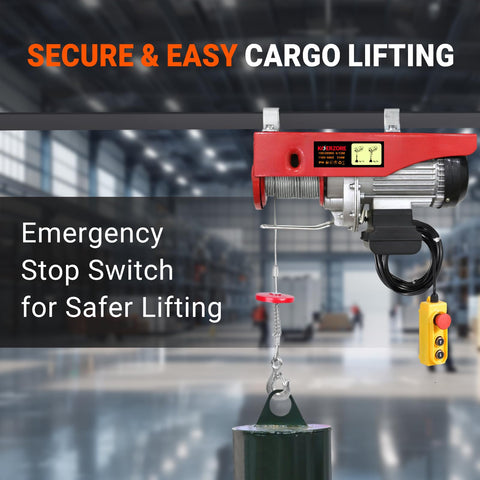 Beefy 110V Electric Hoist Winch 440 Lbs Capacity with 14 Ft Wired Control in warehouse setting