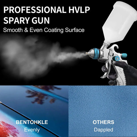 High Volume Low Pressure Spray Gun Kit With Three Included Nozzles Size 1.4 1.7 And 2.0 Millimeters for auto painting, showing even spray pattern.