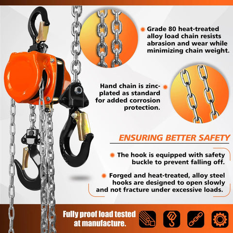 YATOINTO 1/2-ton manual chain hoist with orange housing, steel chain, and heavy-duty hooks for portable garage use