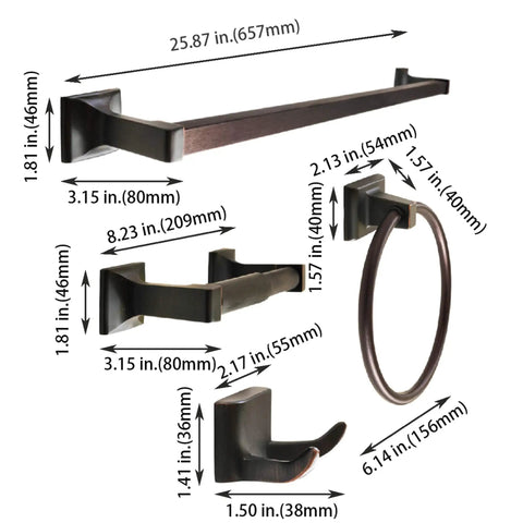 Classic Oil Rubbed Bronze Bathroom Accessories Set 4 Piece Wall Mounted Hardware Include Robe Hook Toilet Paper Holder Towel Ring And 24 Inch Towel Bar Heavy Duty Metal Construction with dimensions