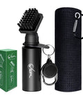 All In One Golf Towel And Club Brush Cleaning Kit With Water Bottle 16x16 Premium Microfiber Towel displayed with packaging