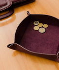 Handmade Italian Tumble Leather Valet Tray Organizer For Desk, Durable Office Accessory In Wine Finish with Coins Inside