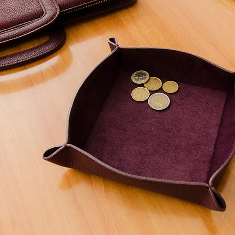 Handmade Italian Tumble Leather Valet Tray Organizer For Desk, Durable Office Accessory In Wine Finish with Coins Inside