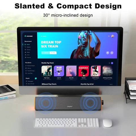 R50 Bluetooth PC Sound Bar For Desktop Monitor, USB Powered, 3.5mm Audio with slanted compact design under screen