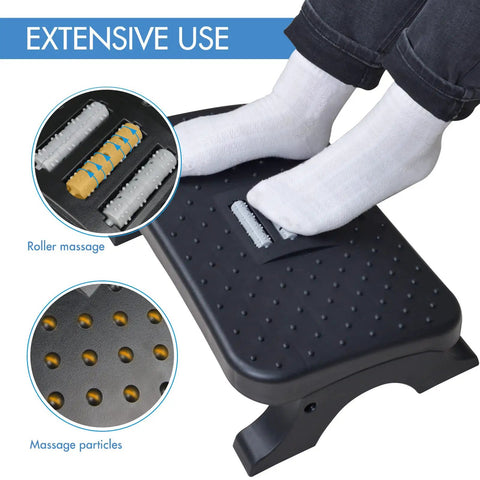 Under Desk Footrest With Massage Rollers, Comfy Ergonomic Foot Stool For Home Office, features massage particles and roller