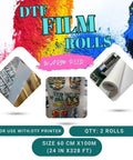 DTF Transfer Film Roll Hot Peel 24x328ft Clear PET Heat Transfer Paper with roll and printed textiles.